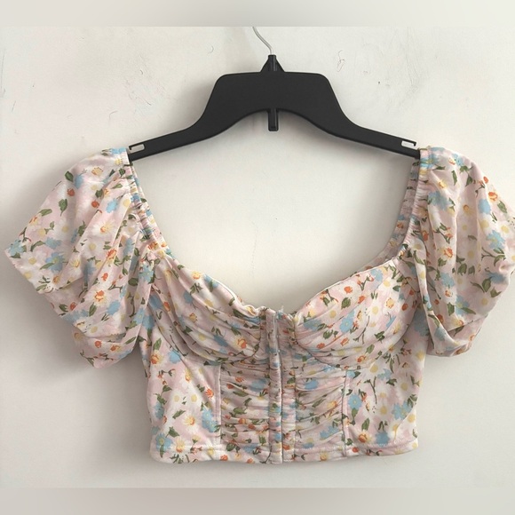 Y2K Milkmaid Sassy Crop Top Coquette Floral short sleeve peasant M beach resort - Picture 1 of 7